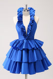 Cute Royal Blue A Line Halter Tiered Backless Homecoming Dress with Ruffles