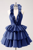 Cute Royal Blue A Line Halter Tiered Backless Homecoming Dress with Ruffles