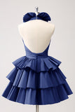 Cute Royal Blue A Line Halter Tiered Backless Homecoming Dress with Ruffles