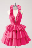 Cute Fuschia A Line Halter Tiered Backless Homecoming Dress with Ruffles