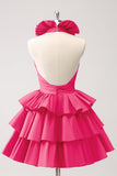 Cute Fuschia A Line Halter Tiered Backless Homecoming Dress with Ruffles