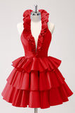 Cute Fuschia A Line Halter Tiered Backless Homecoming Dress with Ruffles