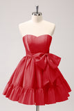 Cute Hot Pink A Line Strapless Pleated Short Homecoming Dress with Bow