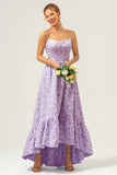 Blue A-Line Strapless Floral High Low Bridesmaid Dress