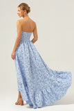 Blue A-Line Strapless Floral High Low Bridesmaid Dress