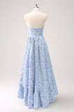 Blue A-Line Strapless Floral High Low Bridesmaid Dress with Ruffle