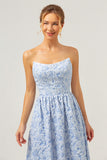 Blue A-Line Strapless Floral High Low Bridesmaid Dress