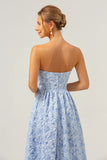 Blue A-Line Strapless Floral High Low Bridesmaid Dress