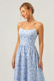 Blue A-Line Strapless Floral High Low Bridesmaid Dress