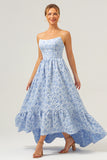 Blue A-Line Strapless Floral High Low Bridesmaid Dress