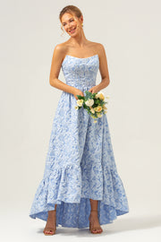 Blue A-Line Strapless Floral High Low Bridesmaid Dress