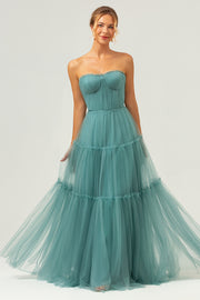 A Line Strapless Corset Tulle Long Eucalyptus Bridesmaid Dress