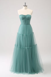 Eucalyptus A Line Strapless Corset Tulle Long Bridesmaid Dress