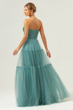 A Line Strapless Corset Tulle Long Eucalyptus Bridesmaid Dress