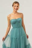 A Line Strapless Corset Tulle Long Eucalyptus Bridesmaid Dress