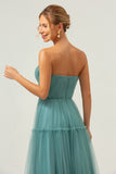 A Line Strapless Corset Tulle Long Eucalyptus Bridesmaid Dress