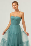 A Line Strapless Corset Tulle Long Eucalyptus Bridesmaid Dress