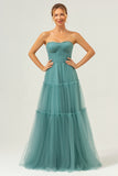 A Line Strapless Corset Tulle Long Eucalyptus Bridesmaid Dress