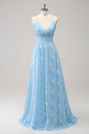 Light Blue A Line V-Neck Pleated Bridesmaid Dress with Embroidery