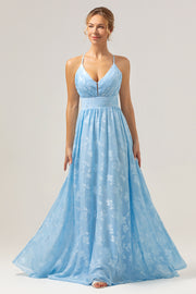 Light Blue A Line V-Neck Pleated Long Embroidered Bridesmaid Dress