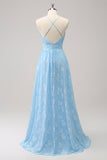 Light Blue A Line V-Neck Pleated Bridesmaid Dress with Embroidery