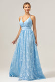 Light Blue A Line V-Neck Pleated Long Embroidered Bridesmaid Dress