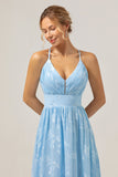 Light Blue A Line V-Neck Pleated Long Embroidered Bridesmaid Dress