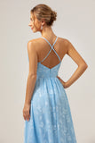 Light Blue A Line V-Neck Pleated Long Embroidered Bridesmaid Dress