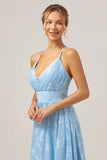 Light Blue A Line V-Neck Pleated Long Embroidered Bridesmaid Dress