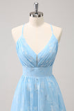 Light Blue A Line V-Neck Pleated Bridesmaid Dress with Embroidery