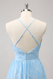 Light Blue A Line V-Neck Pleated Bridesmaid Dress with Embroidery