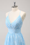 Light Blue A Line V-Neck Pleated Bridesmaid Dress with Embroidery