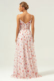 A Line Spaghetti Straps Ruched Corset Long White Red Floral Bridesmaid Dress