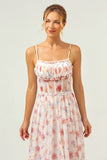 A Line Spaghetti Straps Ruched Corset Long White Red Floral Bridesmaid Dress