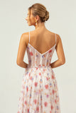 A Line Spaghetti Straps Ruched Corset Long White Red Floral Bridesmaid Dress