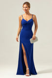 Sparkly Dark Blue Mermaid Spaghetti Straps Twist Front Long Prom Dress with Slit