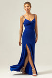 Sparkly Dark Blue Mermaid Spaghetti Straps Twist Front Long Prom Dress with Slit