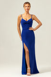 Sparkly Dark Blue Mermaid Spaghetti Straps Twist Front Long Prom Dress with Slit