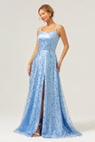 Sparkly Blue A Line Spaghetti Straps Sequins Backless Long Prom Dress with Slit