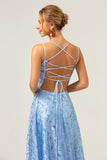 Sparkly Blue A Line Spaghetti Straps Sequins Backless Long Prom Dress with Slit