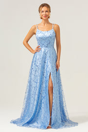 Sparkly Blue A Line Spaghetti Straps Sequins Backless Long Prom Dress with Slit