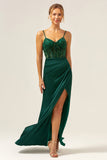 Mermaid Spaghetti Straps Satin Long Dark Green Bridesmaid Dress with Slit