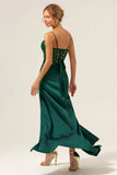 Mermaid Spaghetti Straps Satin Long Dark Green Bridesmaid Dress with Slit