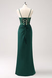 Dark Green Mermaid Spaghetti Straps Satin Long Bridesmaid Dress with Slit