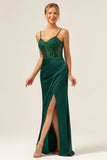 Mermaid Spaghetti Straps Satin Long Dark Green Bridesmaid Dress with Slit