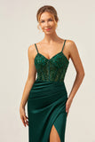 Mermaid Spaghetti Straps Satin Long Dark Green Bridesmaid Dress with Slit