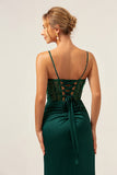 Mermaid Spaghetti Straps Satin Long Dark Green Bridesmaid Dress with Slit