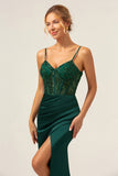 Mermaid Spaghetti Straps Satin Long Dark Green Bridesmaid Dress with Slit