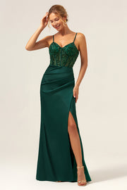 Mermaid Spaghetti Straps Satin Long Dark Green Bridesmaid Dress with Slit