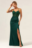 Mermaid Spaghetti Straps Satin Long Dark Green Bridesmaid Dress with Slit